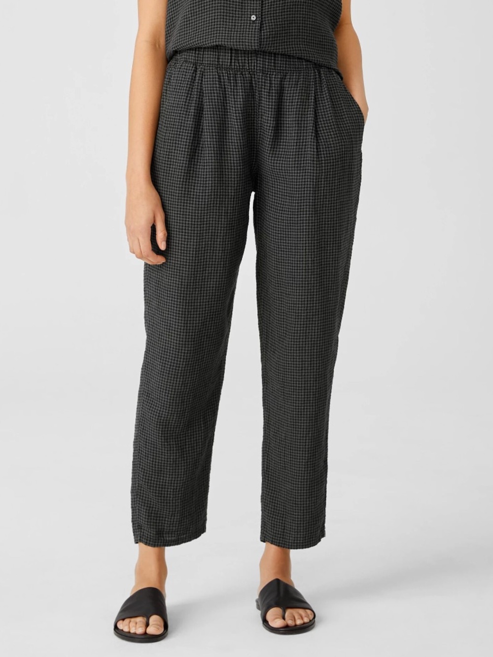 EILEEN FISHER Organic Linen Puckered Tapered Pants Black & Gray Gingham Check XL
